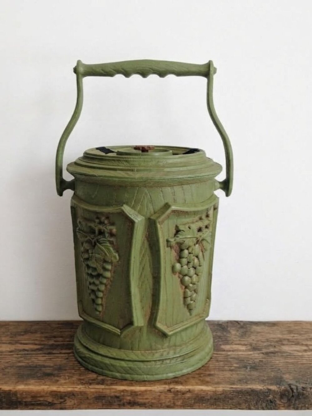 Vintage MCM Avocado Green Bucket with Lid Faux Wood Grapes Ice Pail Storage 60's